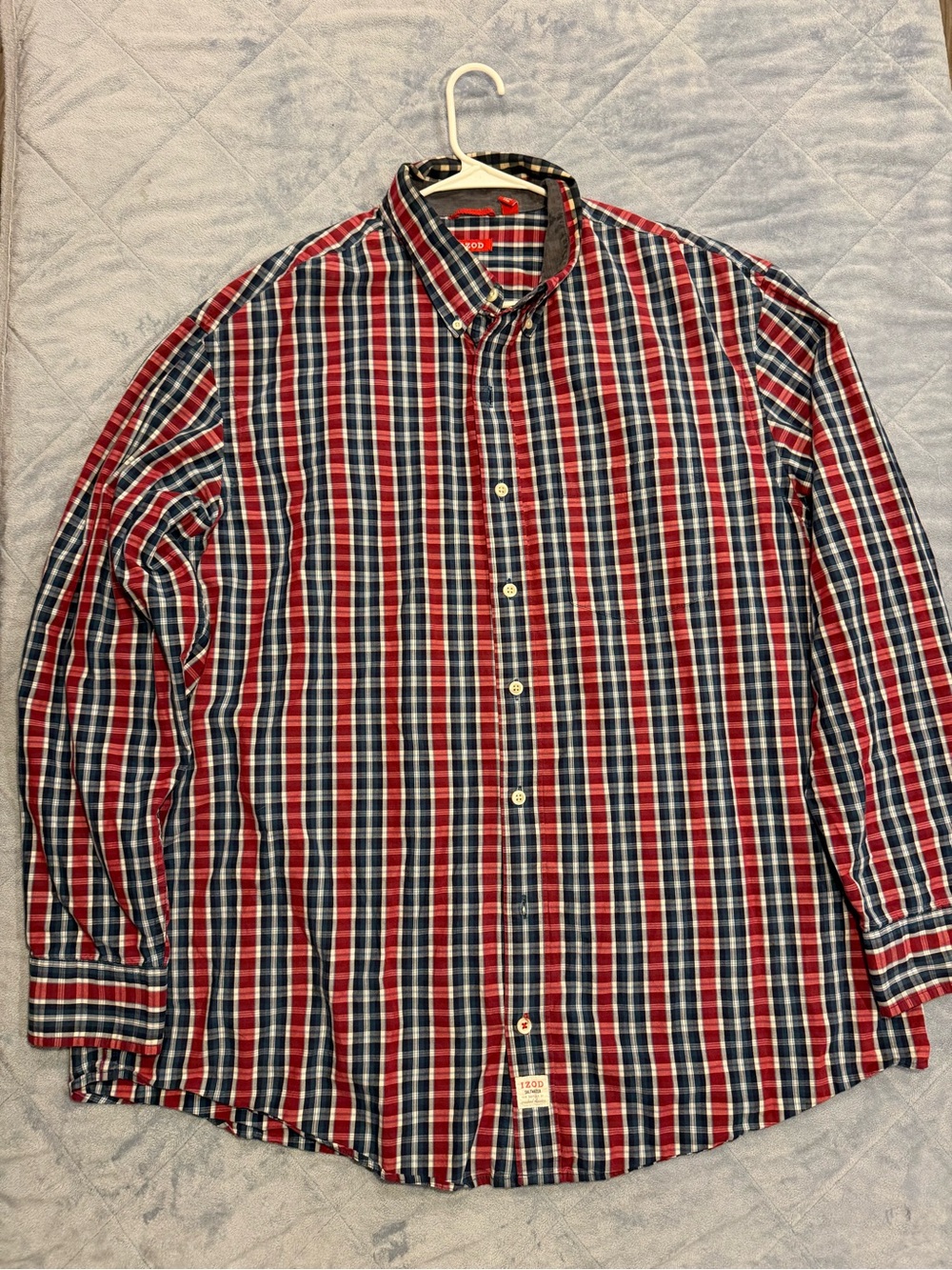 Izod Men's Red and Blue Plaid Button-Down Shirt